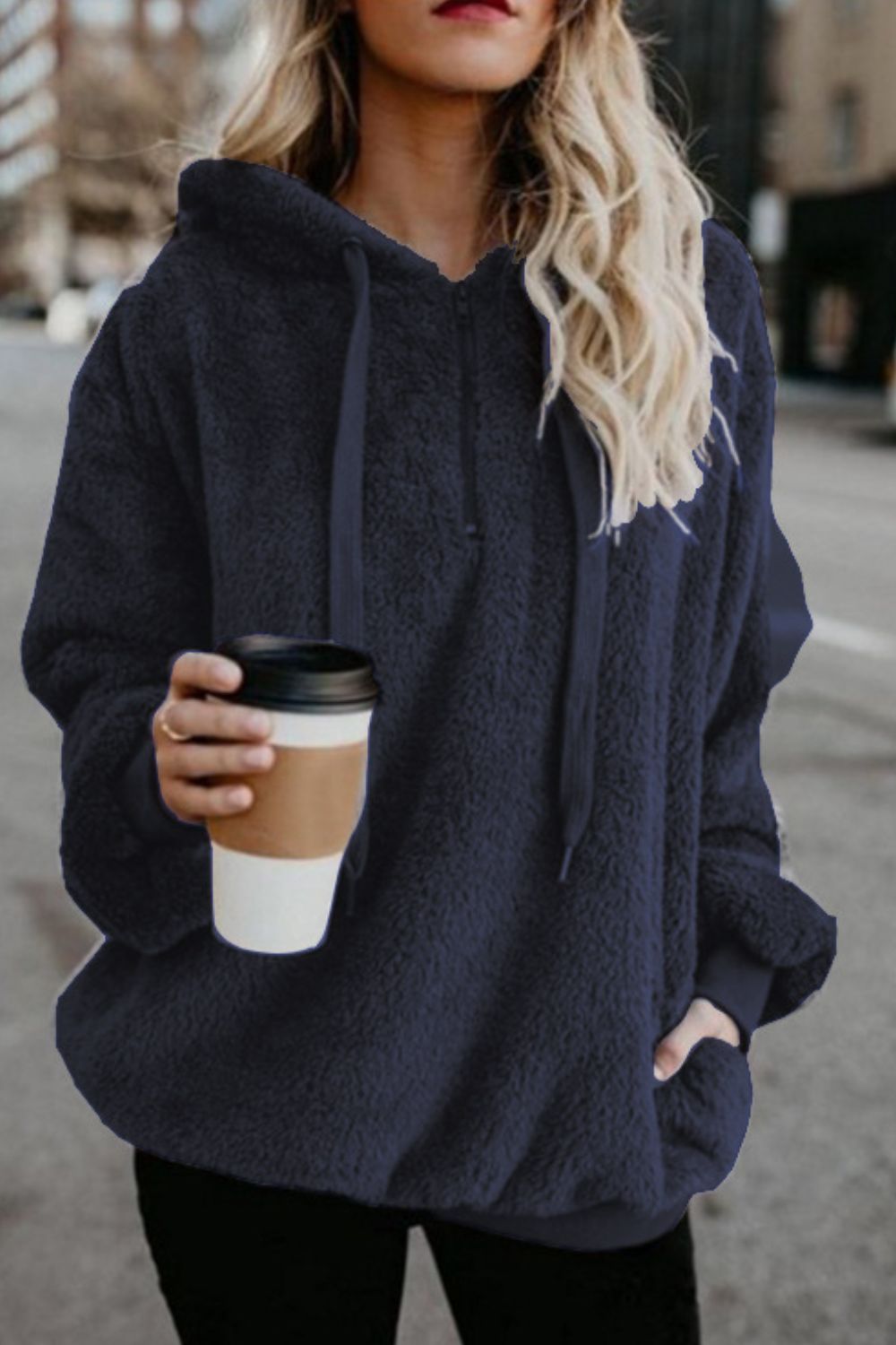 Full Size Quarter-Zip Drawstring Teddy Hoodie | Maekery Studio