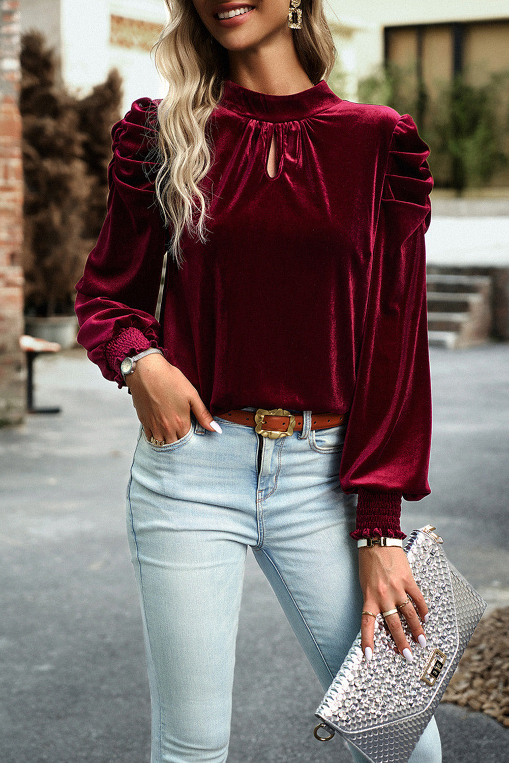 Tie Up Mock Neck Velvet Fabric Long Sleeve Blouse | Maekery Studio