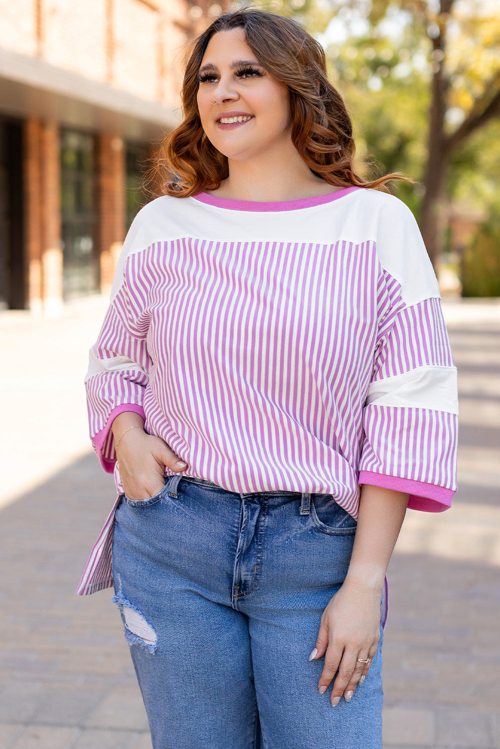 Khaki Stripe Patchwork Bracelet Sleeve Plus Size T Shirt