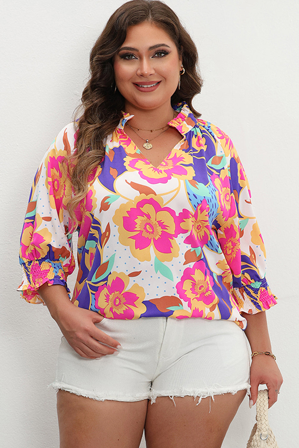 Rose Red Floral Puff Sleeve Notched Neck Plus Blouse | Maekery Studio