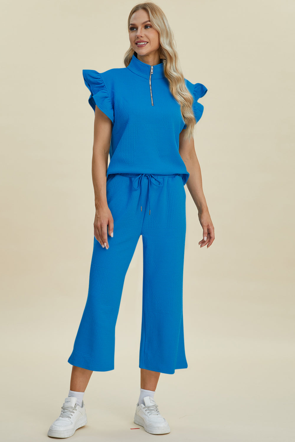 Double Take Full Size Texture Ruffle Short Sleeve Top and Wide Leg Pants Set | Maekery Studio