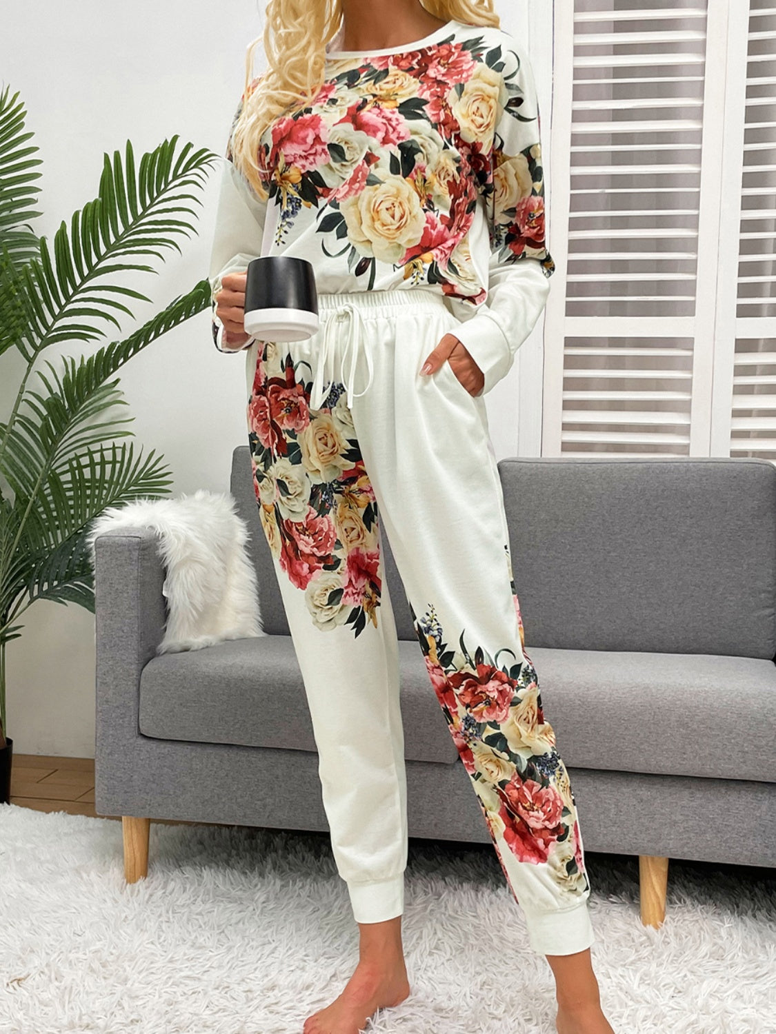 Shiny Printed Round Neck Top and Pants Lounge Set | Maekery Studio