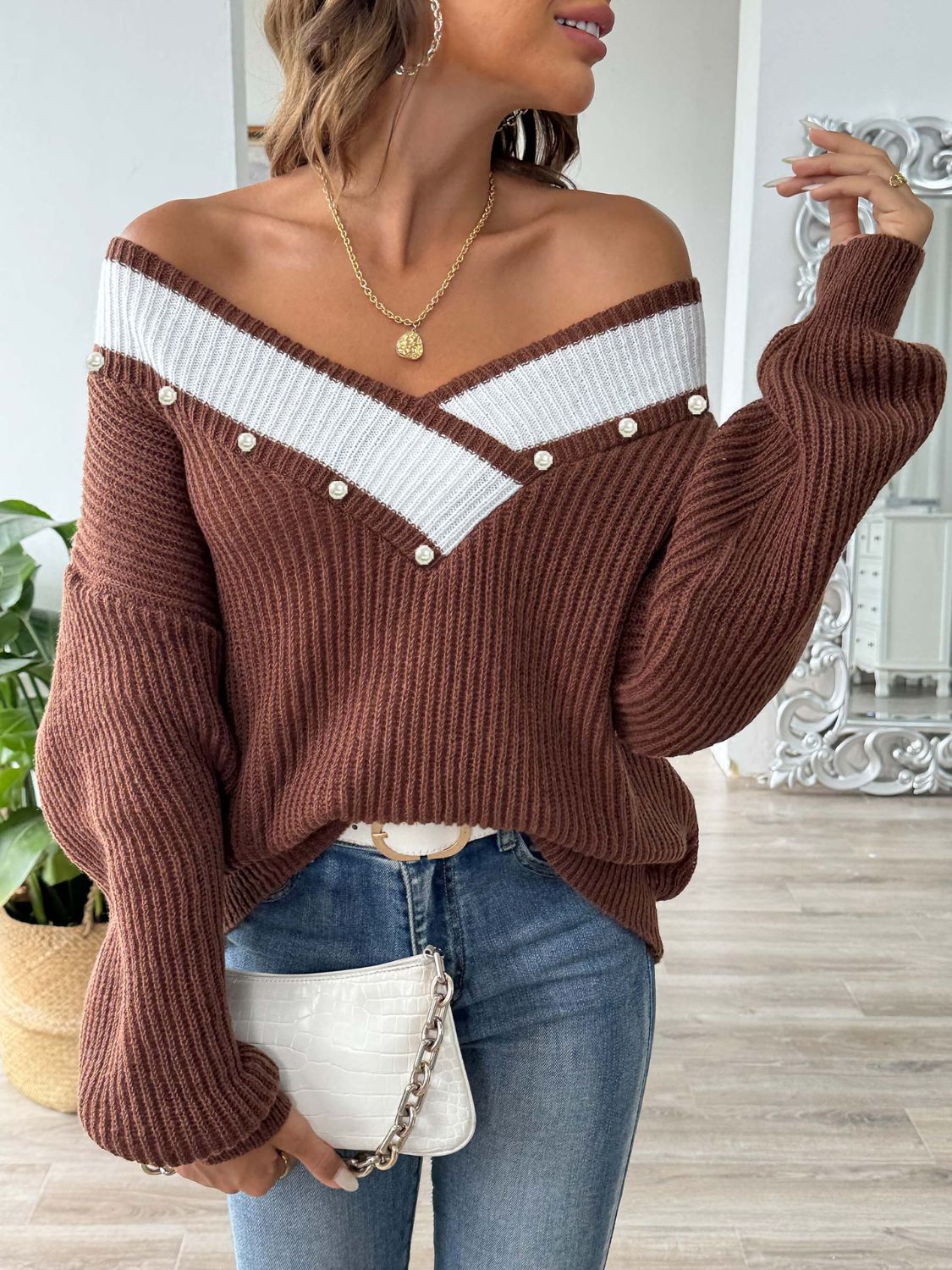 Contrast Trim Dropped Shoulder Long Sleeve Sweater | Maekery Studio