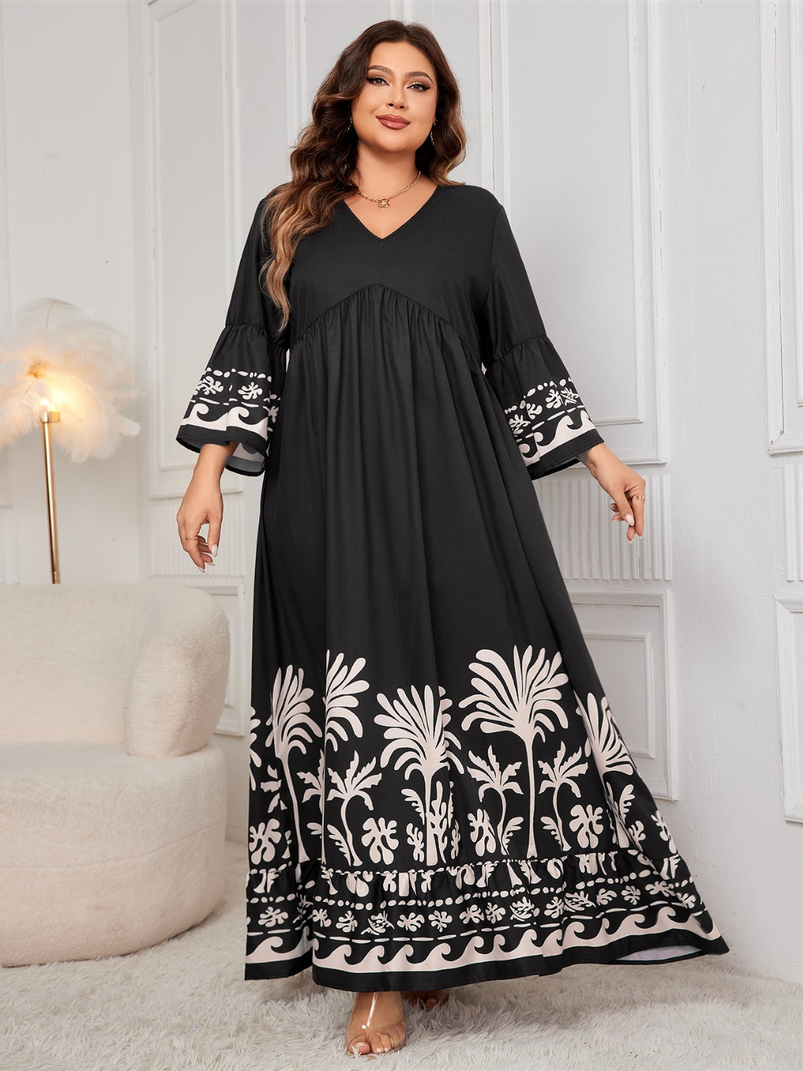 Honey Plus Size Printed V-Neck Long Sleeve Maxi Dress | Maekery Studio