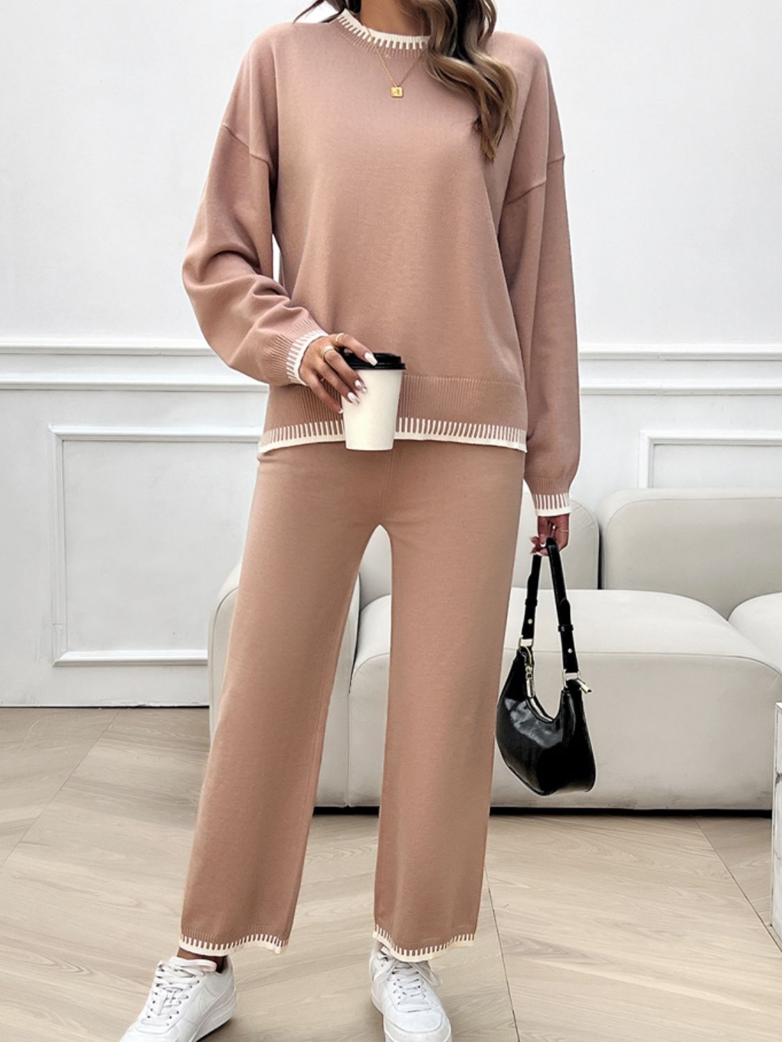 Devine Round Neck Dropped Shoulder Top and Pants Sweater Set | Maekery Studio