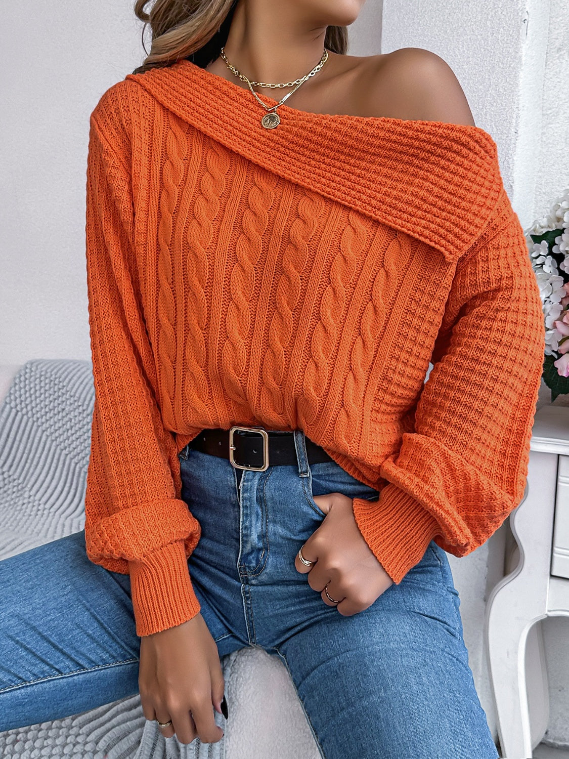 Cable-Knit One Shoulder Long Sleeve Sweater | Maekery Studio