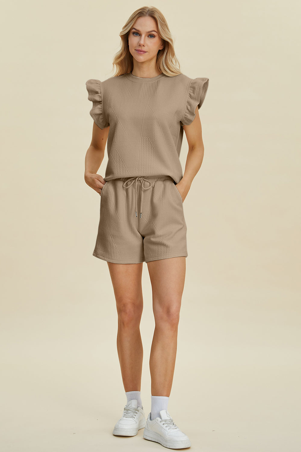 Double Take Full Size Texture Round Neck Ruffle Sleeve Top and Shorts Set | Maekery Studio