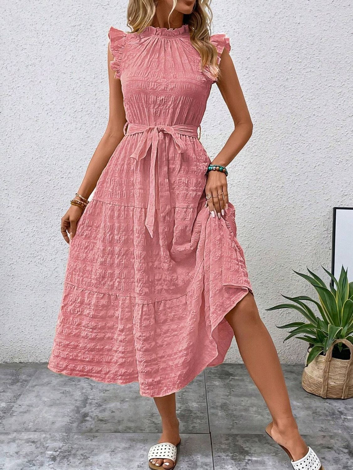 Tied Ruffled Cap Sleeve Midi Dress | Maekery Studio