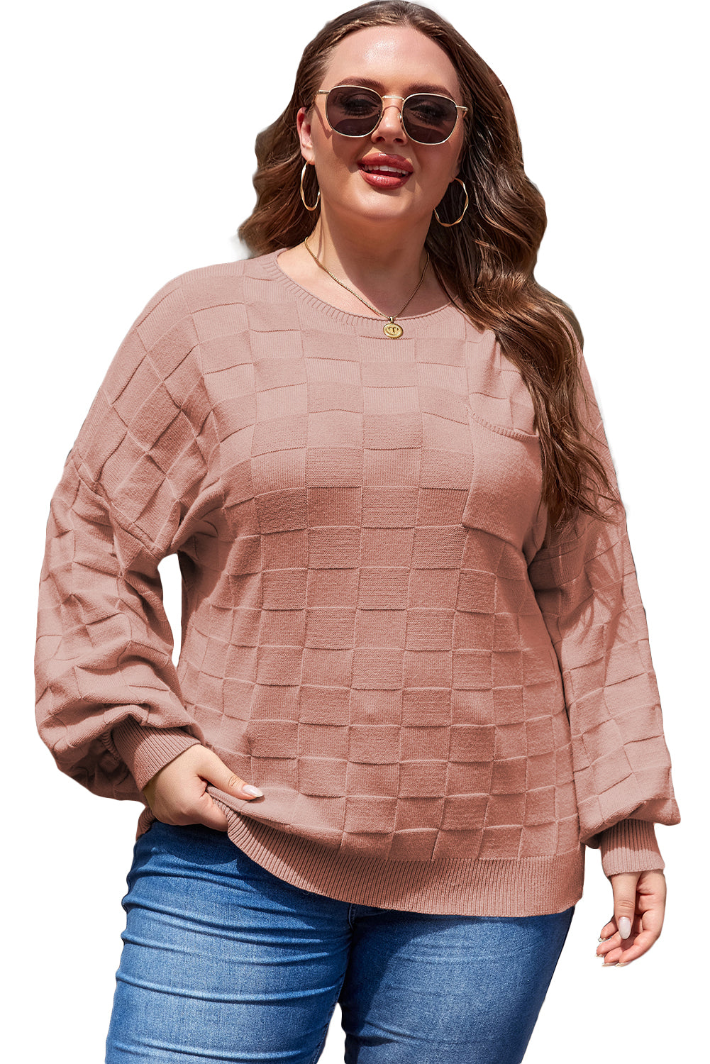 Light French Beige Solid Checkered Textured Knit Plus Size Sweater