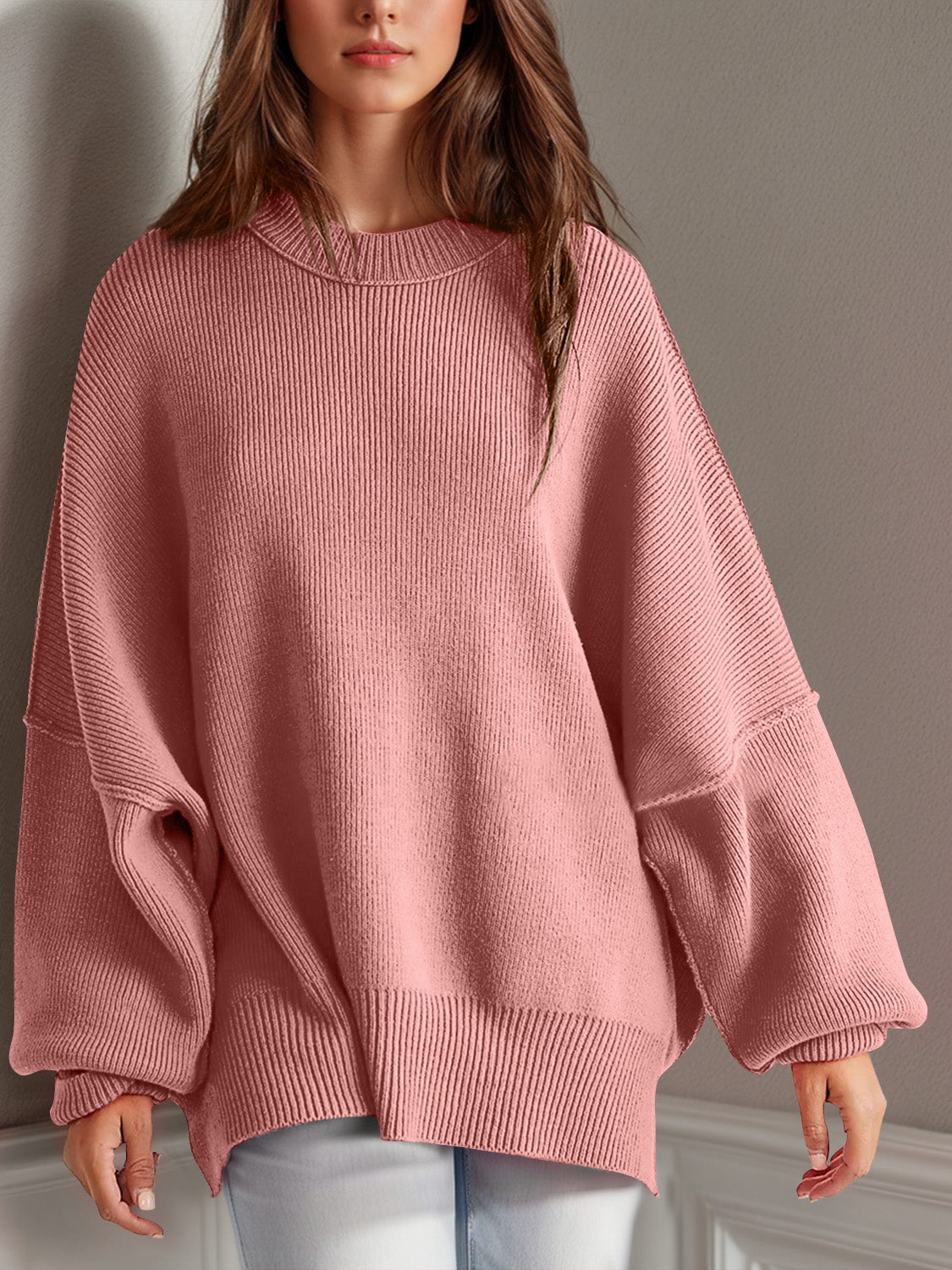 Double Take Side Slit Round Neck Long Sleeve Sweater | Maekery Studio