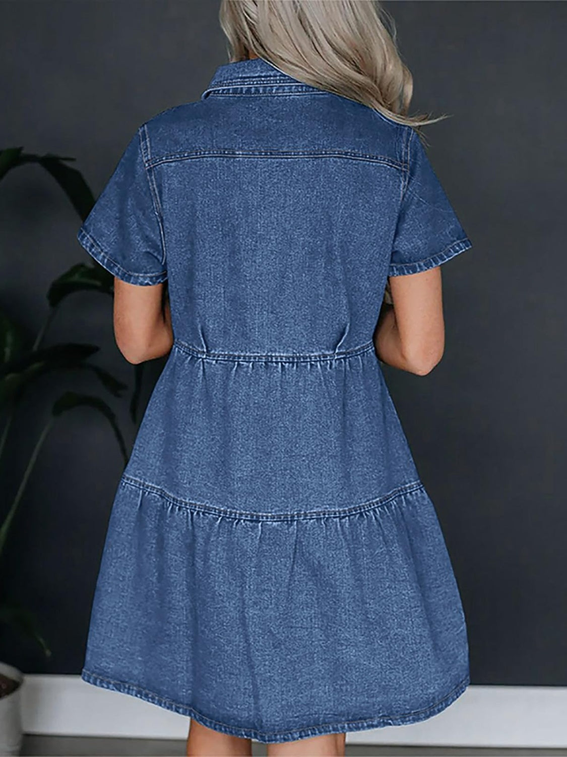 Pocketed Button Up Collared Neck Short Sleeve Denim Dress | Maekery Studio