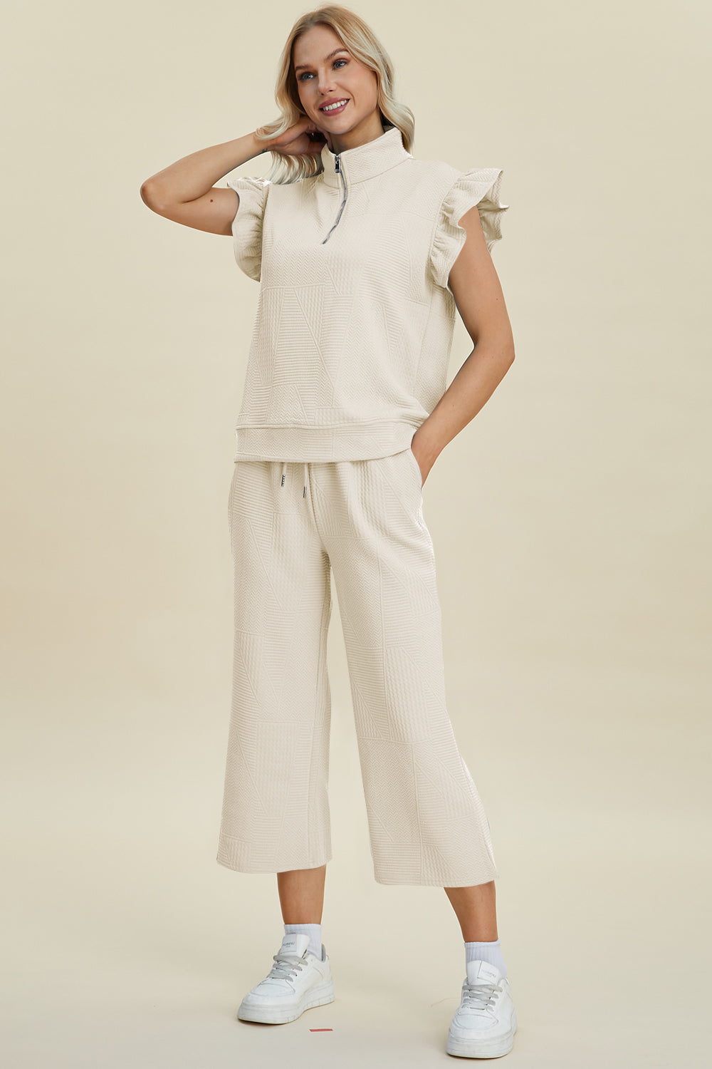 Double Take Full Size Texture Ruffle Short Sleeve Top and Wide Leg Pants Set | Maekery Studio