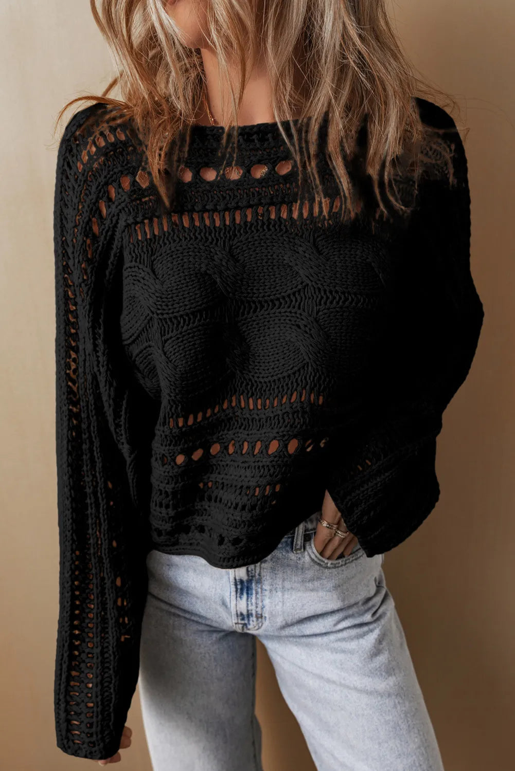 Cable-Knit Openwork Long Sleeve Sweater | Maekery Studio