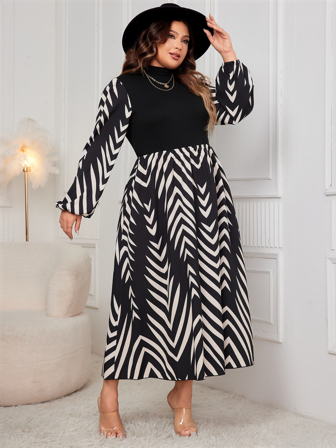 Honey Plus Size Printed Mock Neck Long Sleeve Midi Dress | Maekery Studio