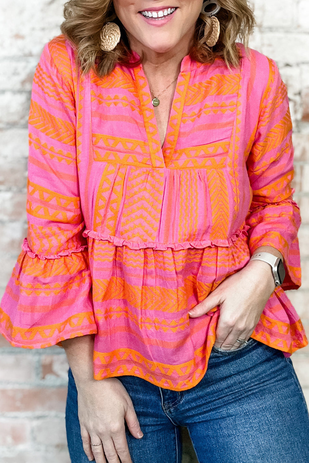 Vitality Orange Geometric Bell Sleeve Plus Size Babydoll Top | Maekery Studio