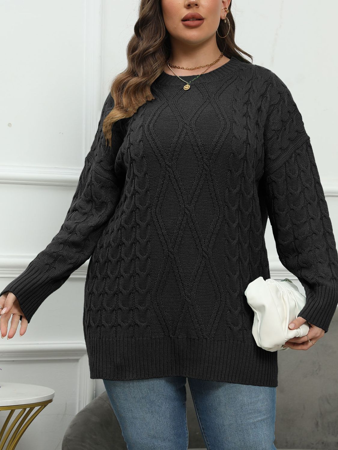 Plus Size Round Neck Long Sleeve Sweater | Maekery Studio