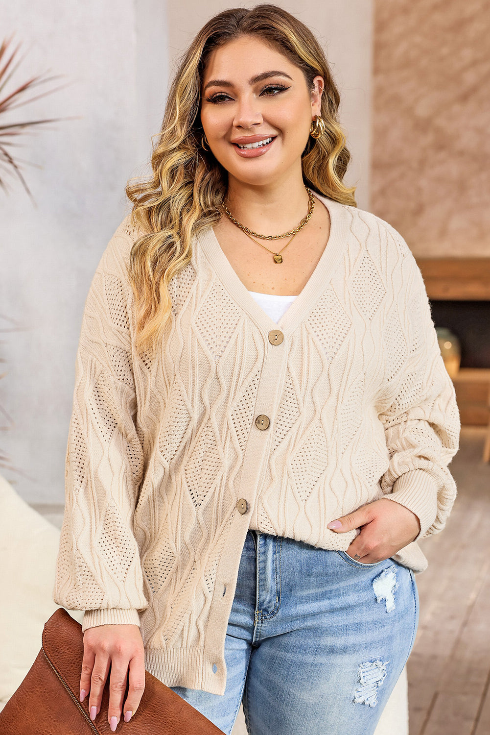 Apricot Knitted Hollow out Button up Plus Size Cardigan