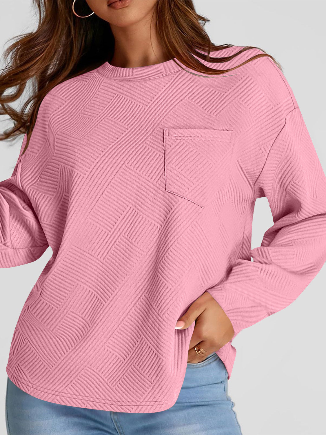 Full Size Texture Round Neck Long Sleeve Sweatshirt | Maekery Studio