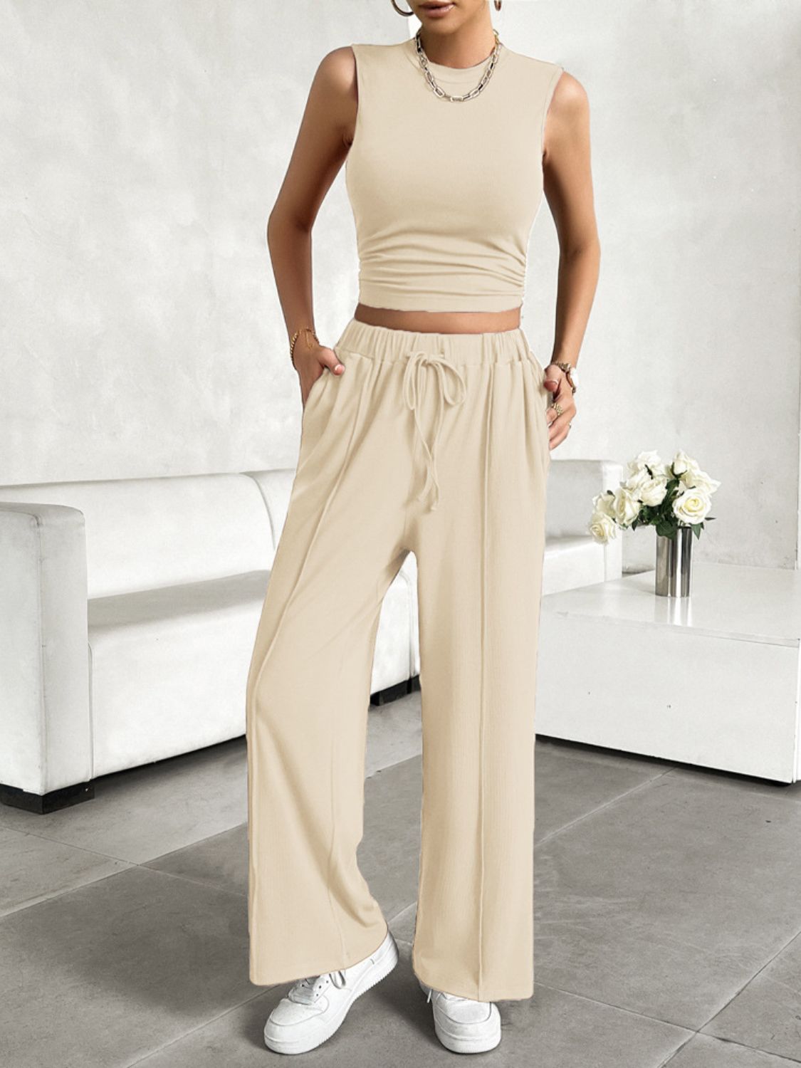 Devine Mock Neck Sleeveless Top and Drawstring Pants Set | Maekery Studio