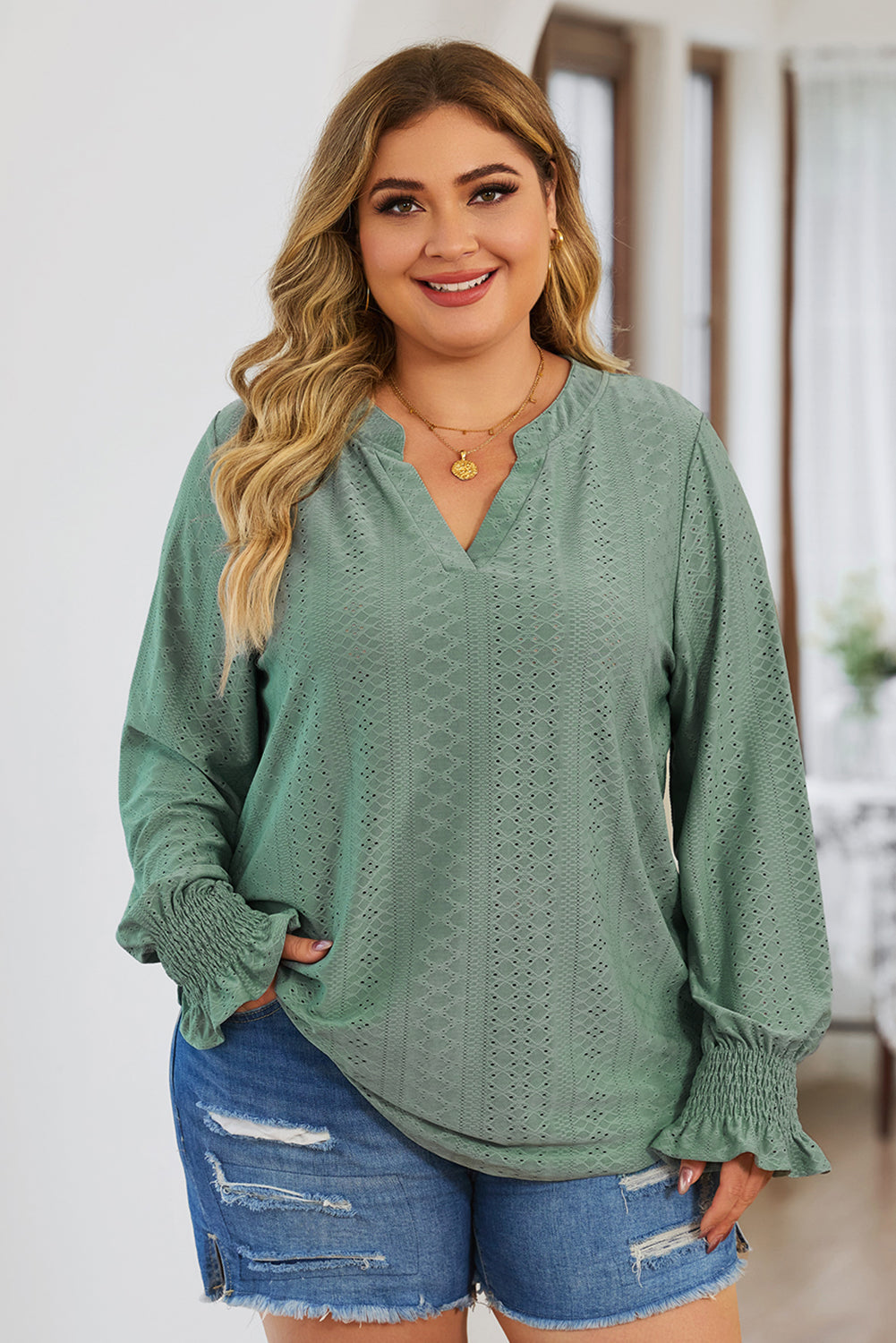 Plus Size Eyelet Notched Flounce Sleeve Blouse | Maekery Studio