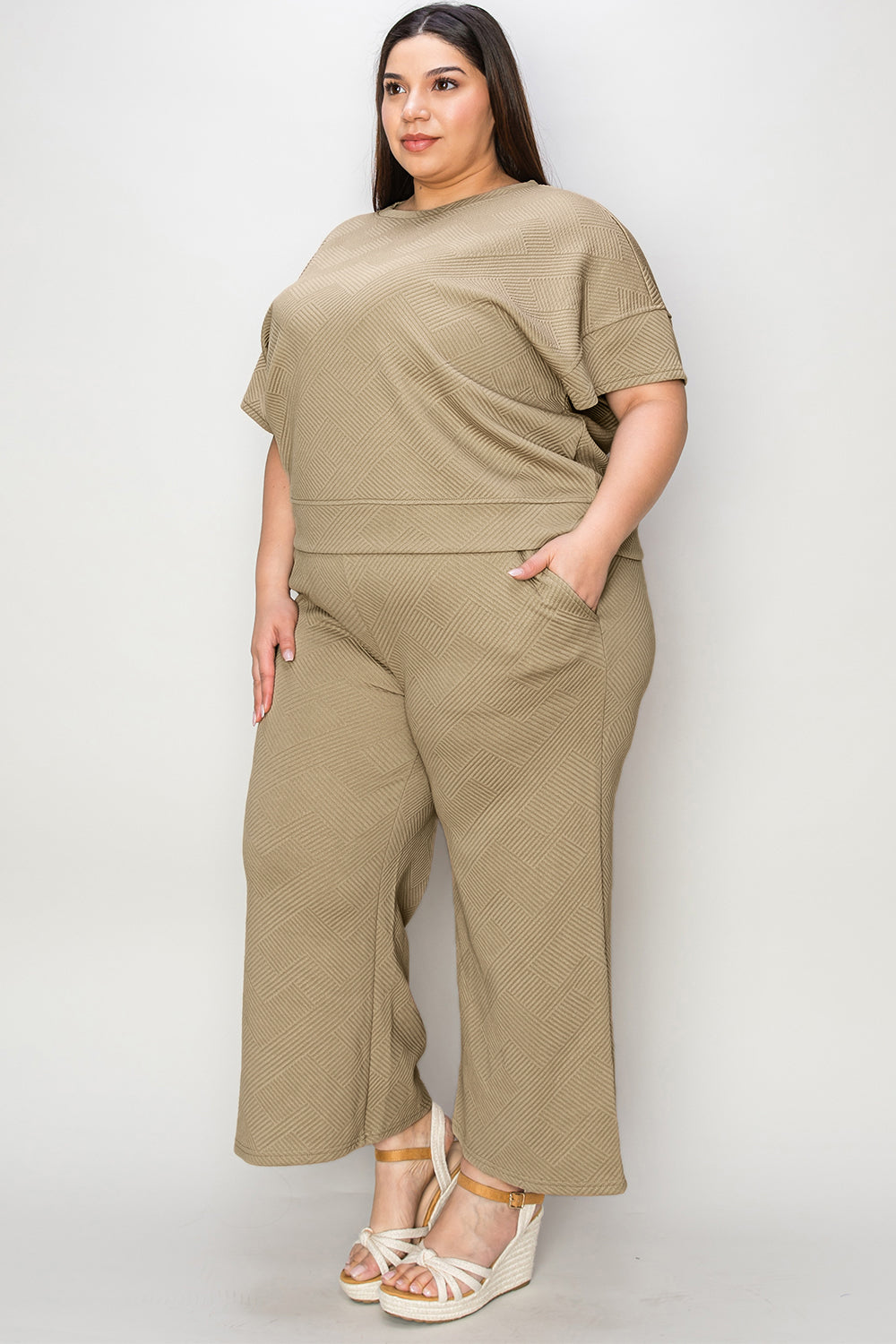 Double Take Full Size Texture Short Sleeve Top and Pants Set | Maekery Studio