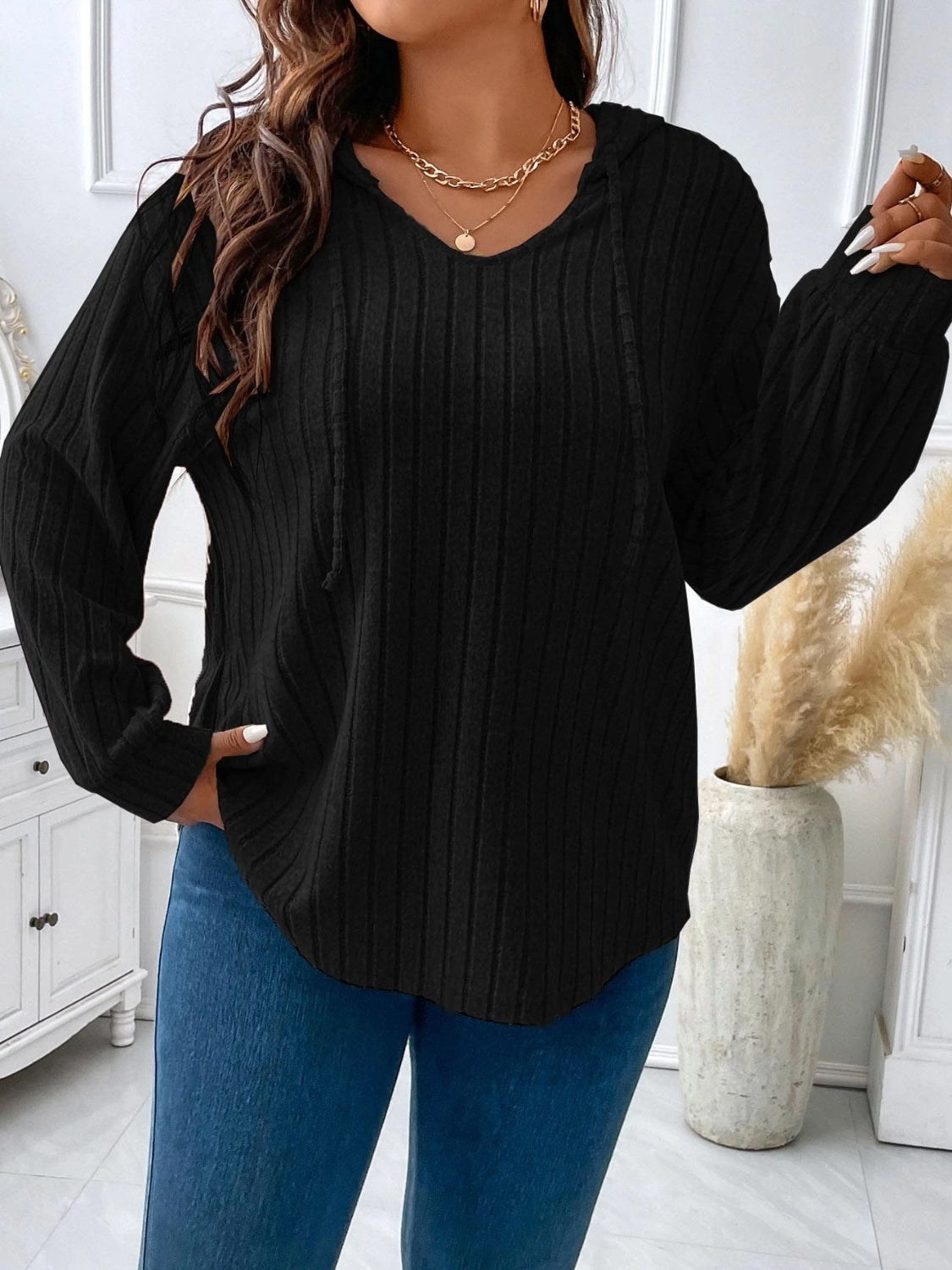 Plus Size Drawstring Dropped Shoulder Hooded T-Shirt | Maekery Studio