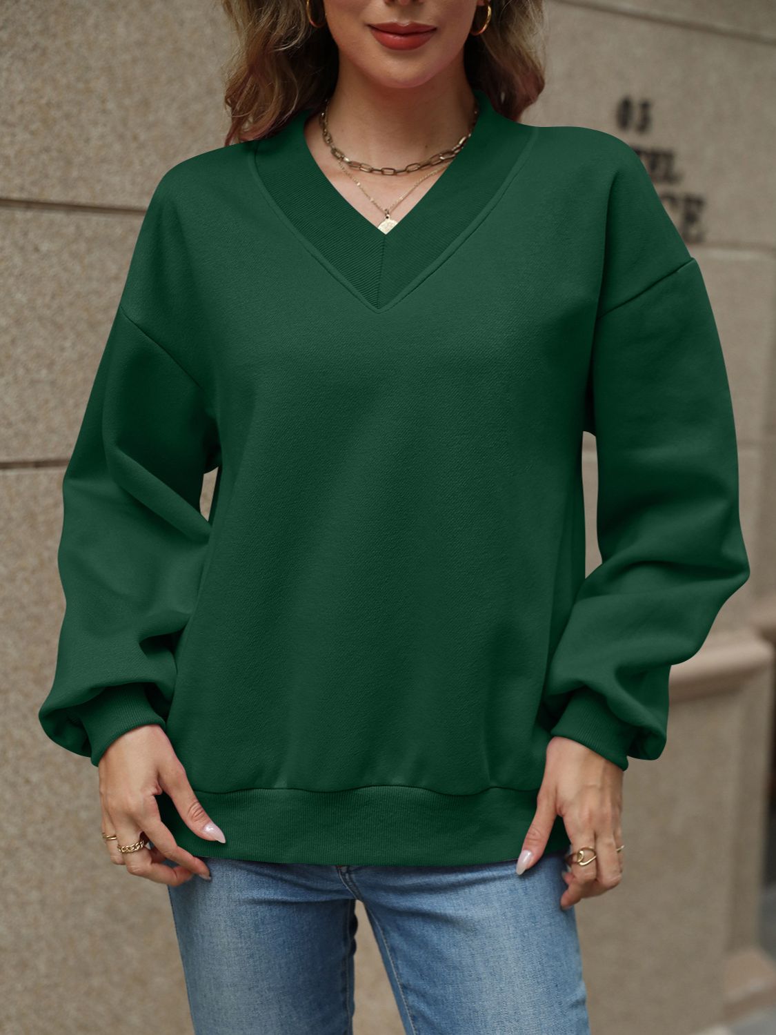 V-Neck Long Sleeve Dropped Shoulder Sweatshirt | Maekery Studio