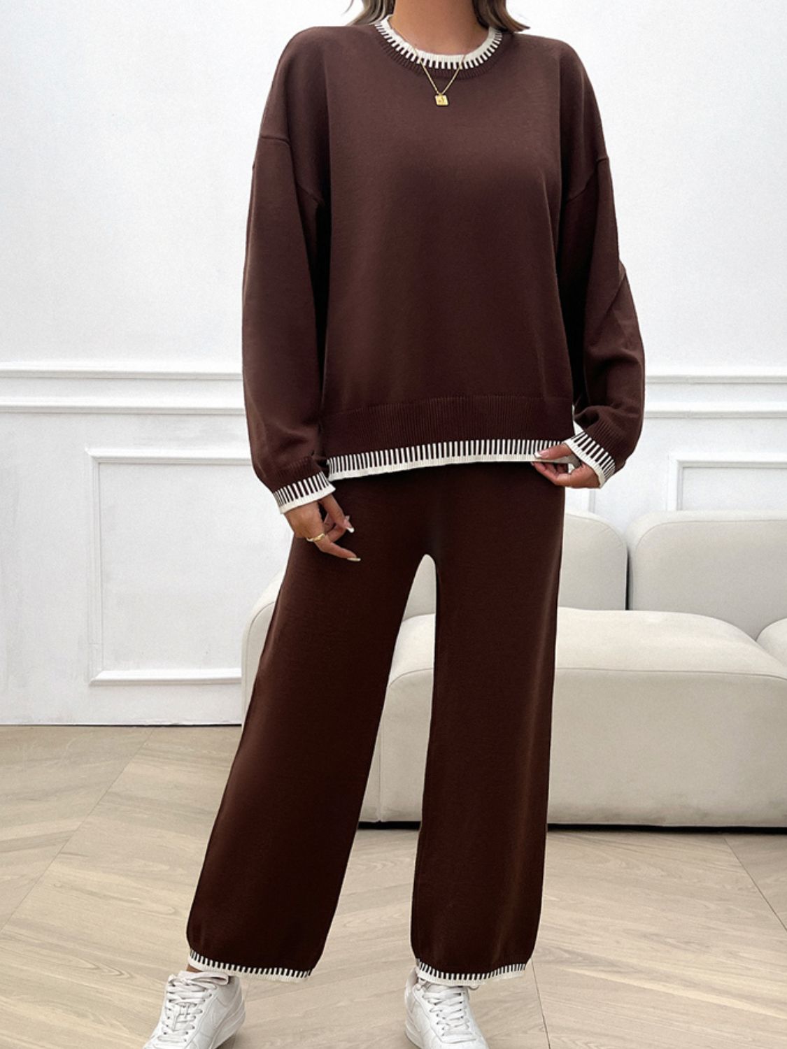 Devine Round Neck Dropped Shoulder Top and Pants Sweater Set | Maekery Studio