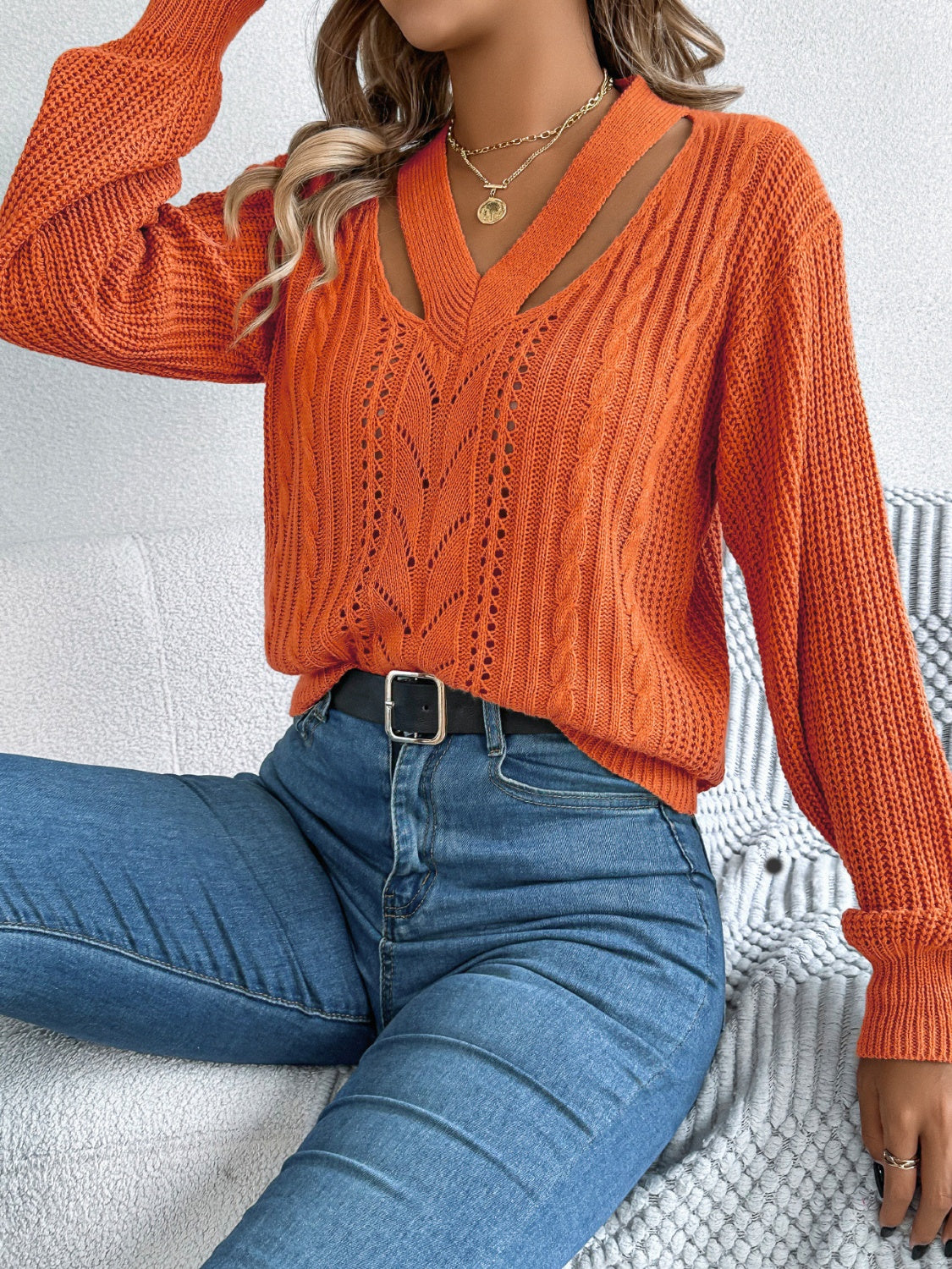 Cutout V-Neck Long Sleeve Sweater | Maekery Studio