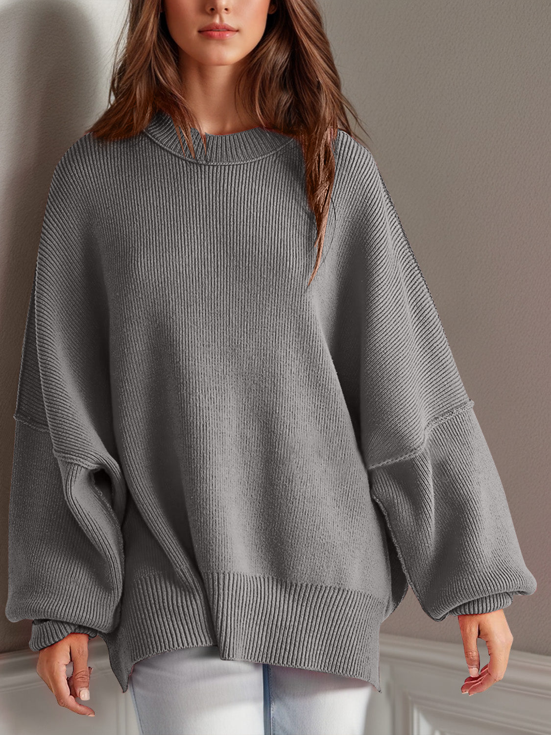 Double Take Side Slit Round Neck Long Sleeve Sweater | Maekery Studio