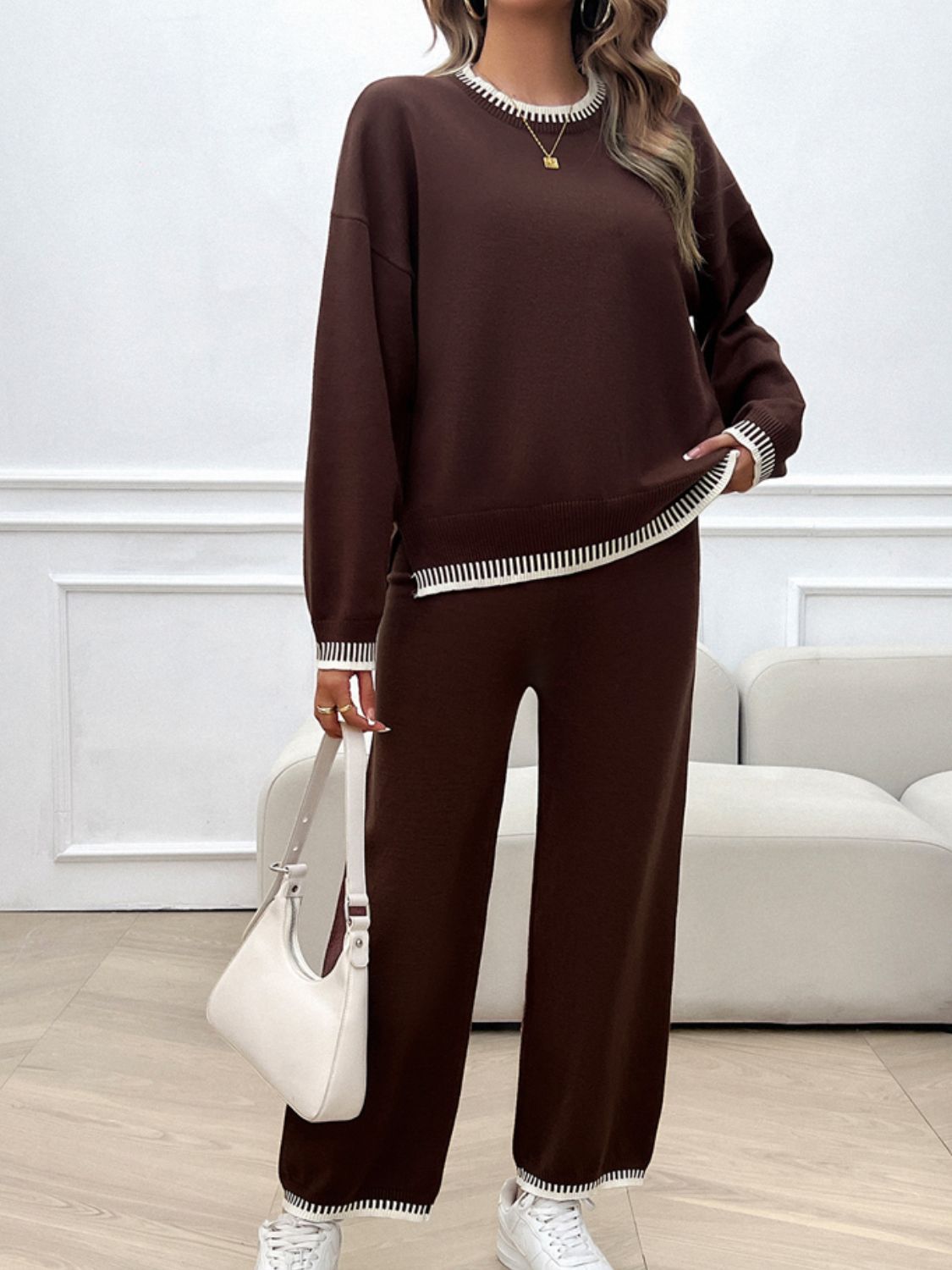 Devine Round Neck Dropped Shoulder Top and Pants Sweater Set | Maekery Studio