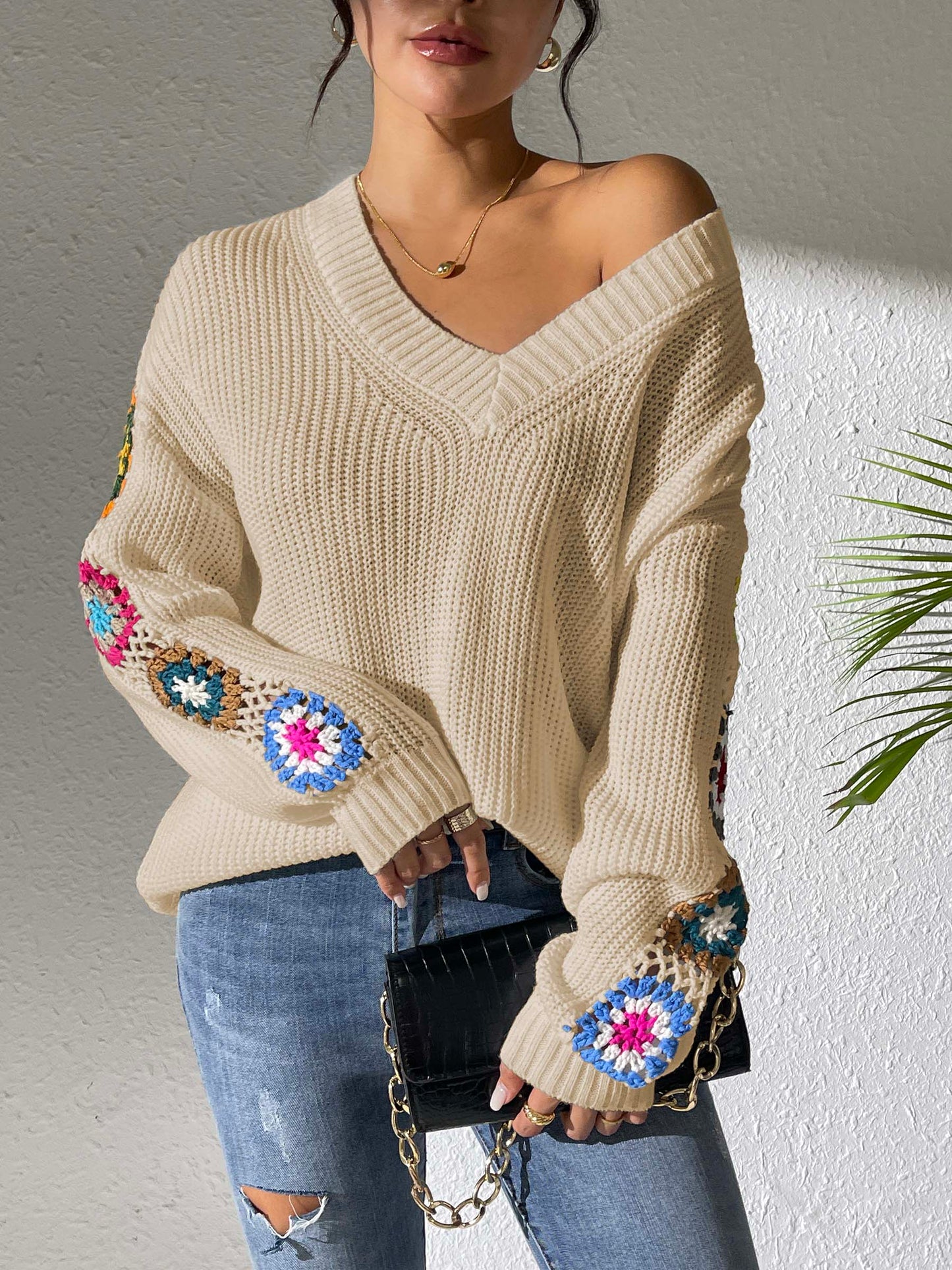 Crochet Flower V-Neck Sweater | Maekery Studio