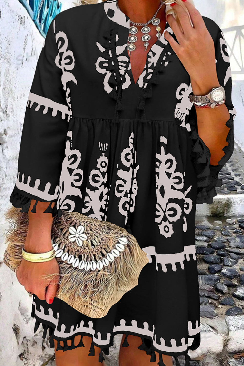 Black Ethnic Print Fringe Hem Plus Size Dress | Maekery Studio