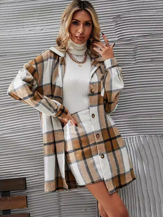 Plaid Button Up Long Sleeve Coat and Skirt Set | Maekery Studio