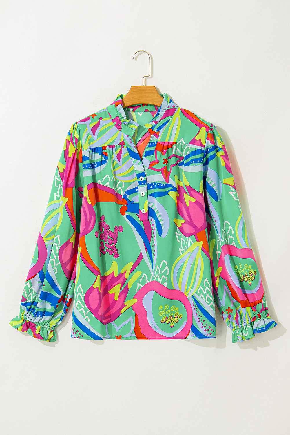 Green Plus Size Abstract Frill V Neck Puff Sleeve Blouse | Maekery Studio