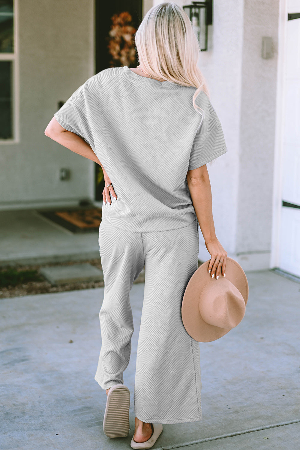 Double Take Full Size Texture Short Sleeve Top and Pants Set | Maekery Studio