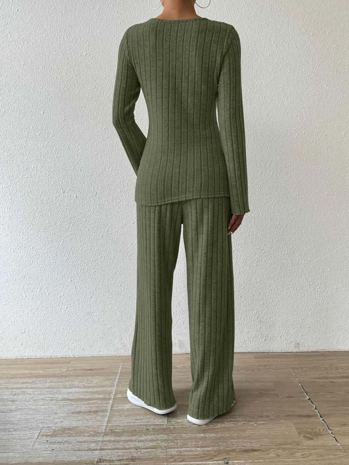 Ribbed V-Neck Long Sleeve Top and Pocketed Pants Set | Maekery Studio