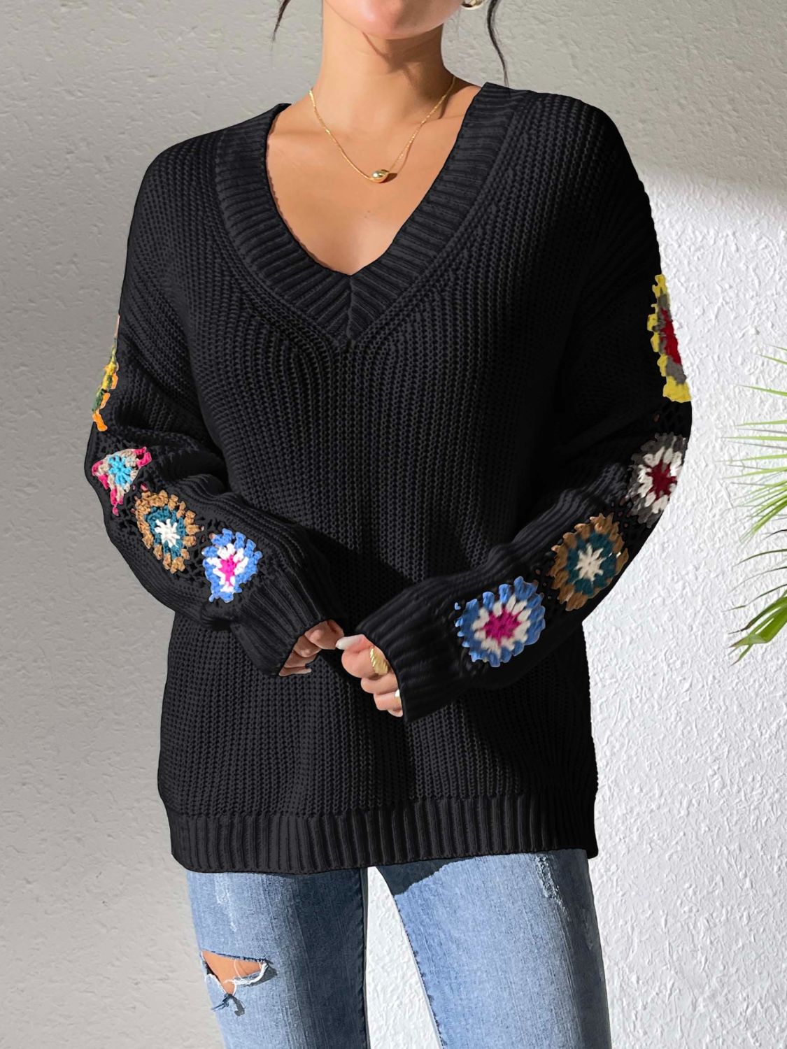 Crochet Flower V-Neck Sweater | Maekery Studio