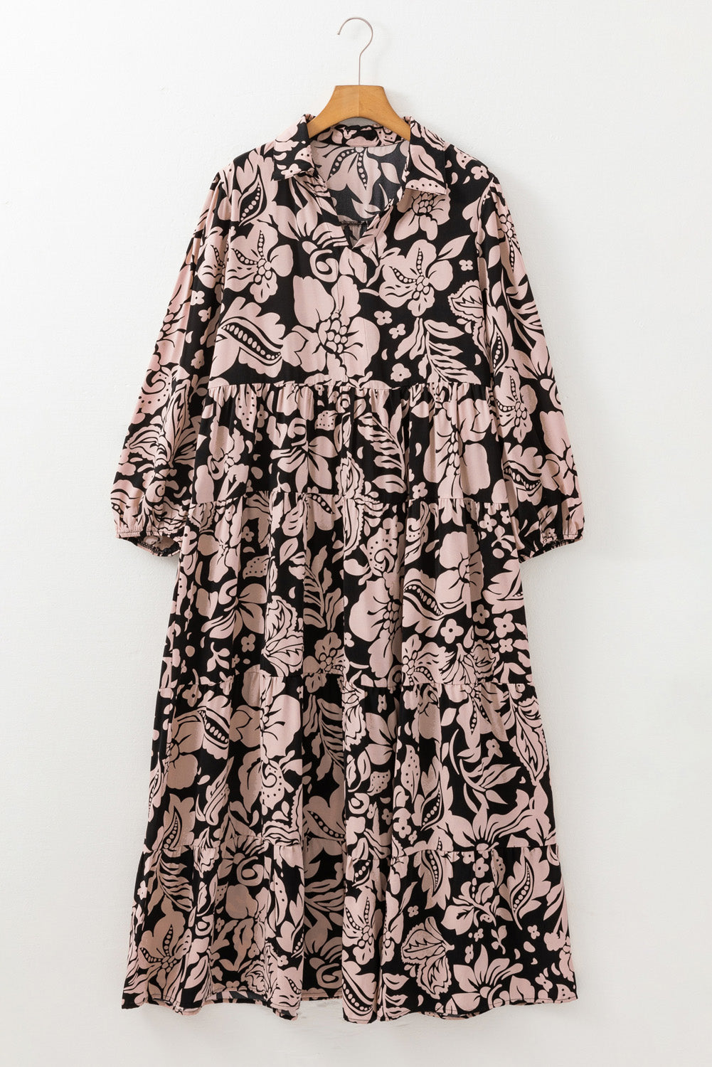 Black Floral Print Puff Sleeve Collared Plus Size Dress | Maekery Studio