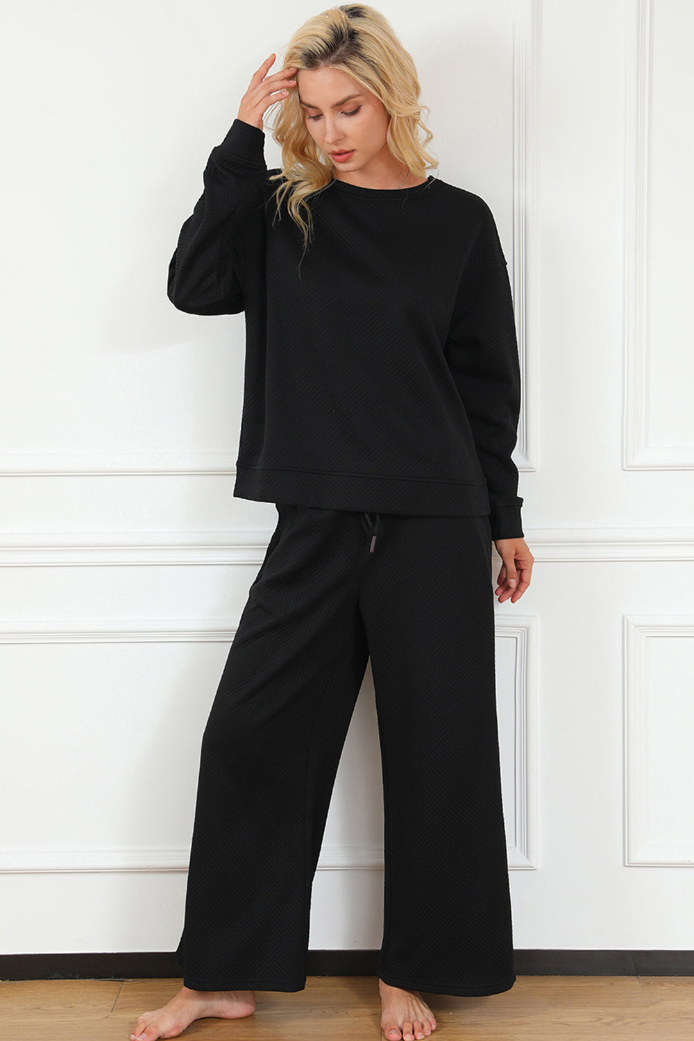 Double Take Full Size Textured Long Sleeve Top and Drawstring Pants Set | Maekery Studio