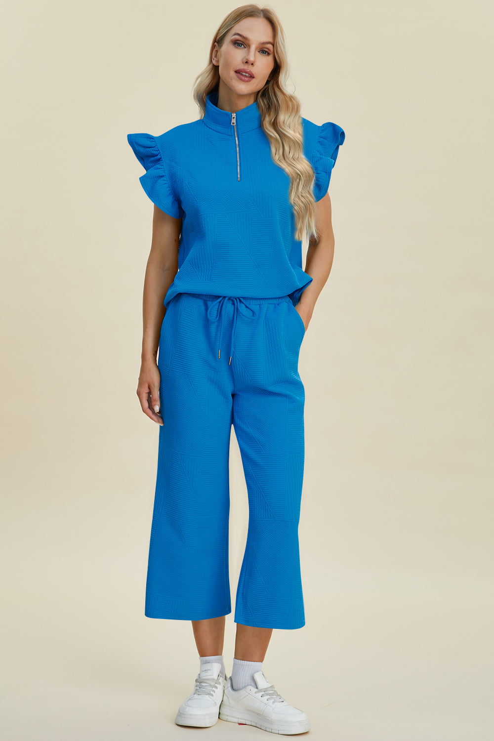 Double Take Full Size Texture Ruffle Short Sleeve Top and Wide Leg Pants Set | Maekery Studio