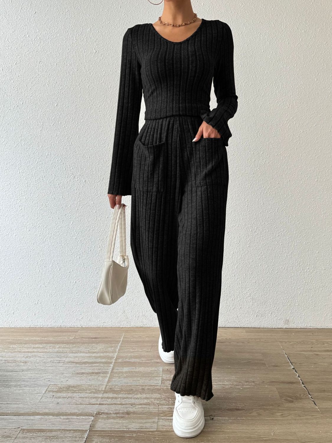 Ribbed V-Neck Long Sleeve Top and Pocketed Pants Set | Maekery Studio