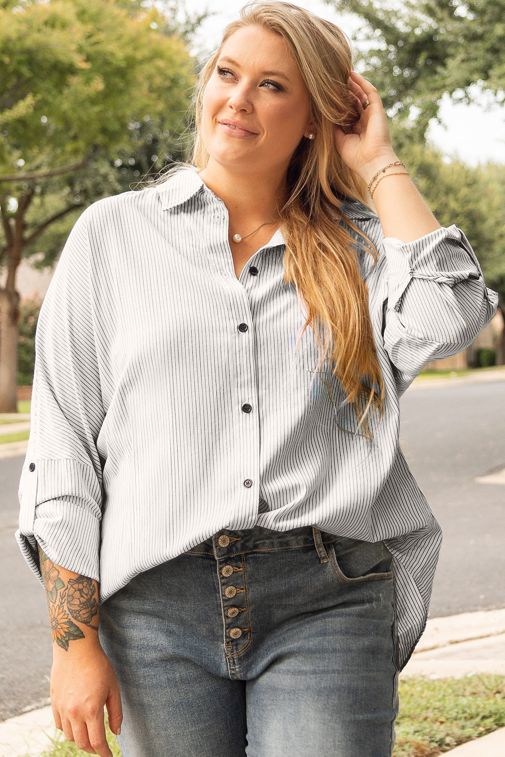 White Stripe Rolled Tab Sleeve Buttoned Plus Size Shirt | Maekery Studio