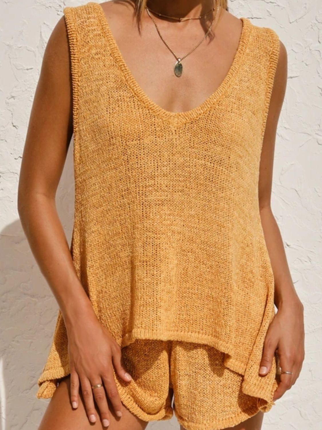 V-Neck Sleeveless Top and Drawstring Shorts Sweater Set | Maekery Studio