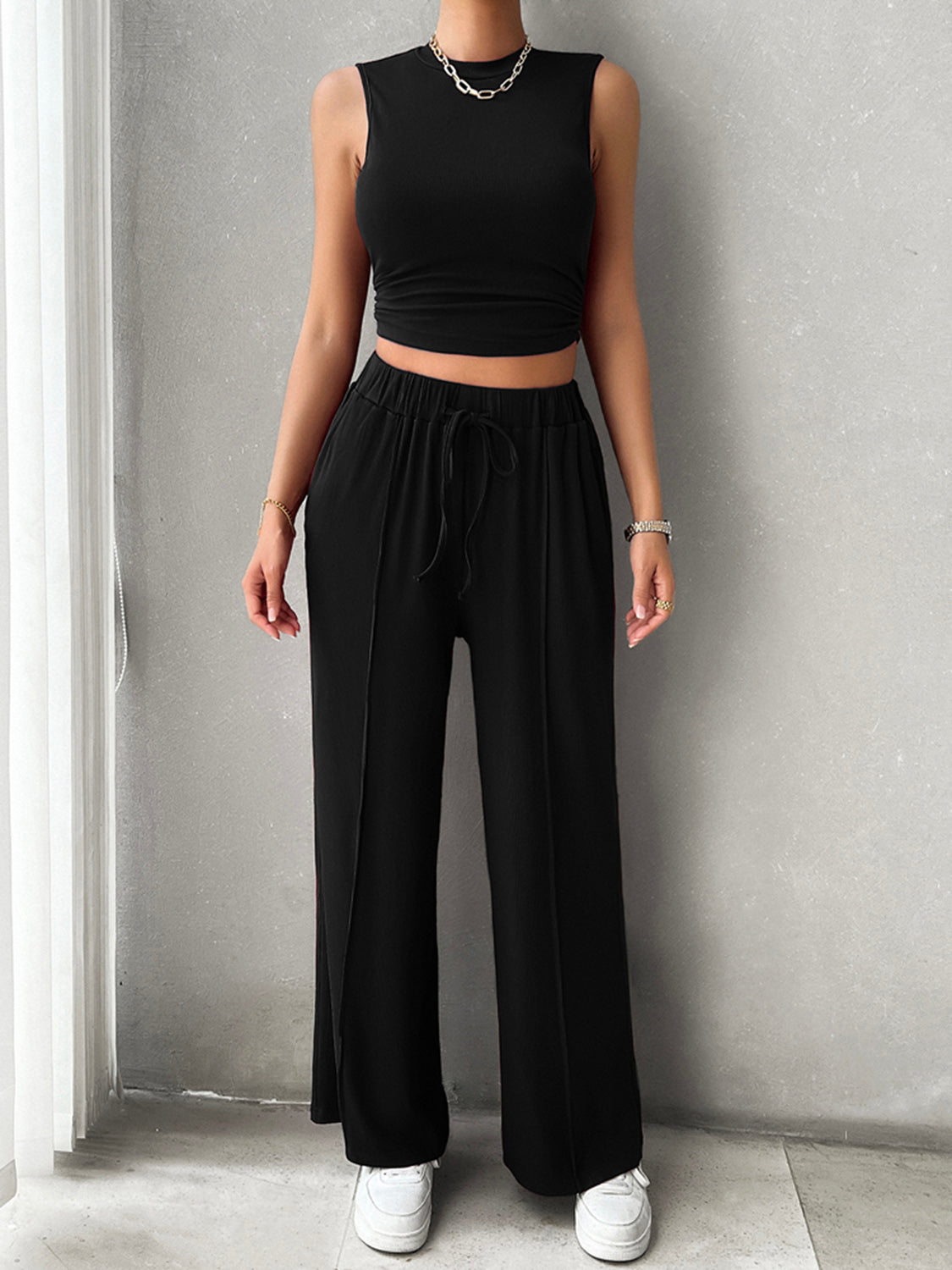 Devine Mock Neck Sleeveless Top and Drawstring Pants Set | Maekery Studio