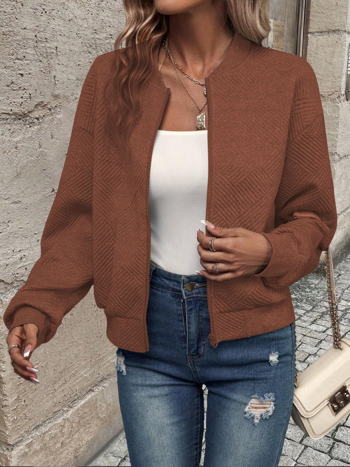 Textured Zip Up Long Sleeve Jacket | Maekery Studio