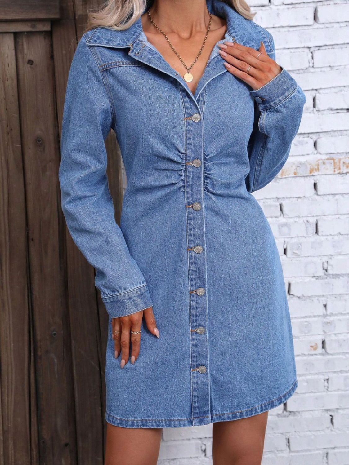 Ruched Button Up Long Sleeve Denim Dress | Maekery Studio