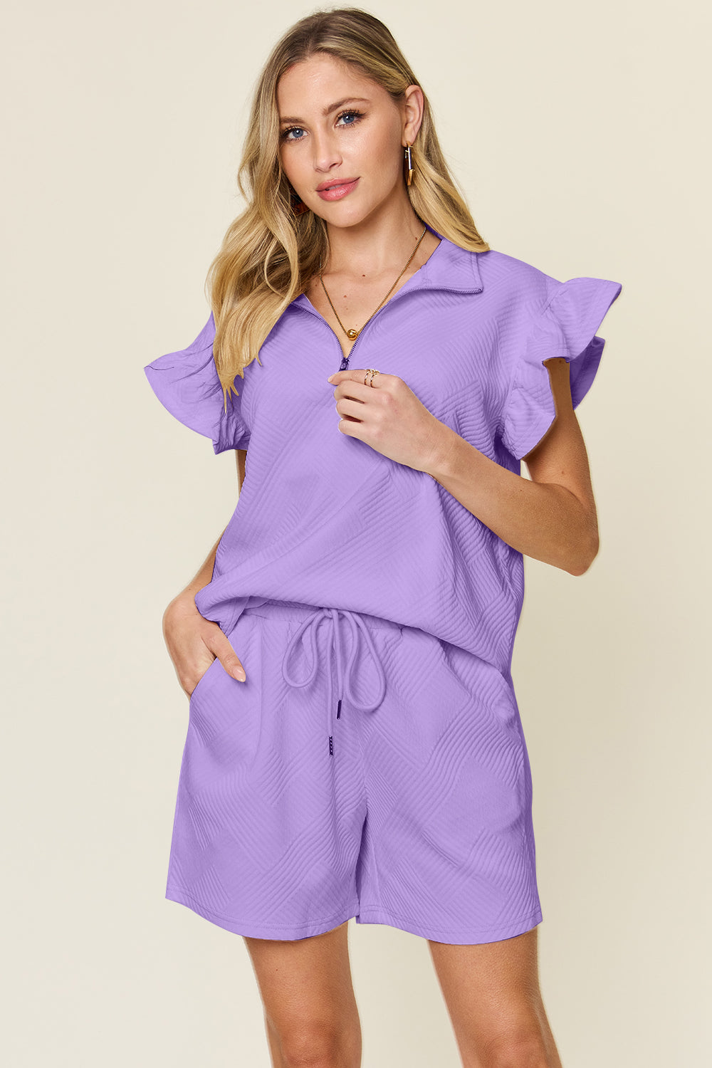 Double Take Full Size Texture Flounce Sleeve Top and Drawstring Shorts Set | Maekery Studio