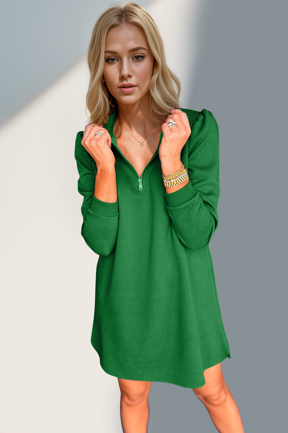 Double Take Textured Quarter Zip Long Sleeve Dress | Maekery Studio