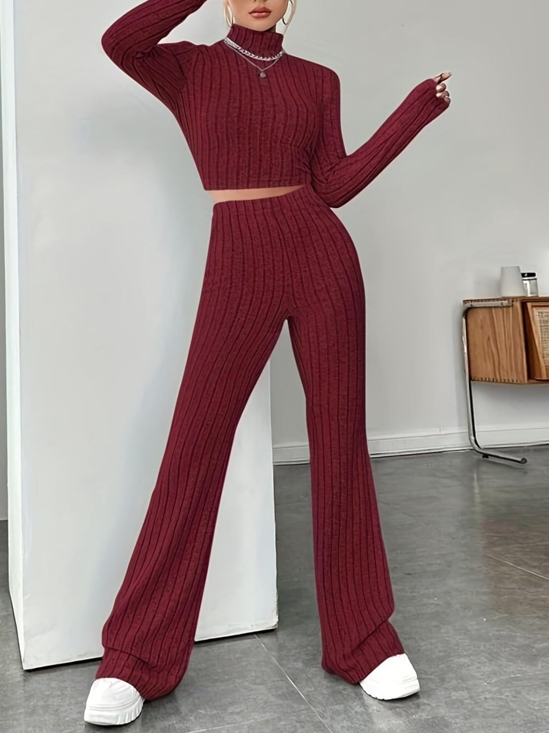 Ribbed Mock Neck Long Sleeve Top and Pants Set | Maekery Studio